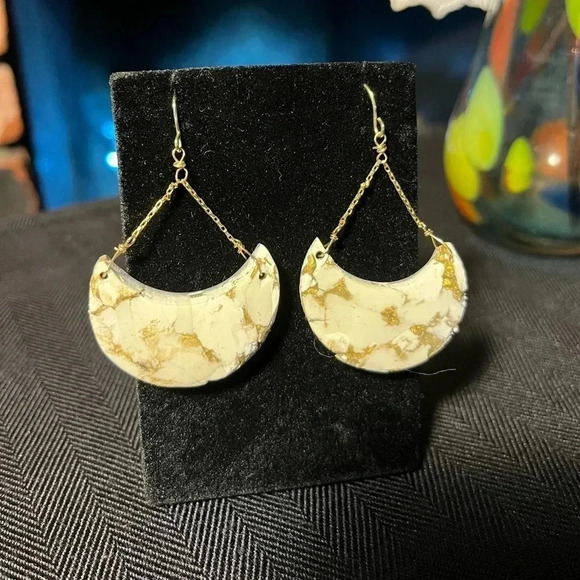 Gold and Cream Moon Shaped dangle earrings 14K gold filled Wire - Picture 7 of 7